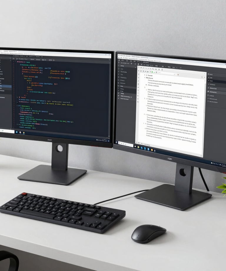 A clean, modern workspace with two monitors showing code and text documents side by side. A small green plant adds a touch of freshness to the professional setup.