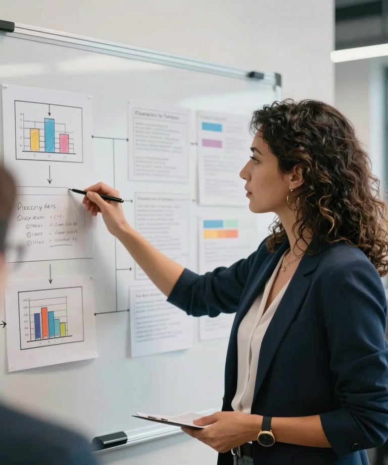 A professional woman working in a collaborative space, pointing at a whiteboard with flowcharts and marketing strategies. Vibrant but professional mood.