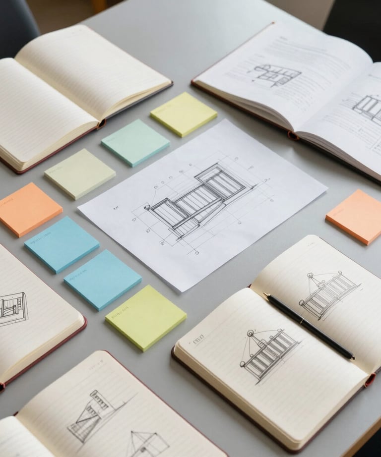A high-angle shot of a creative brainstorming session. Multiple open notebooks, architectural sketches, and colorful index cards arranged neatly on a grey desk. Clean, bright, and organized aesthetic.