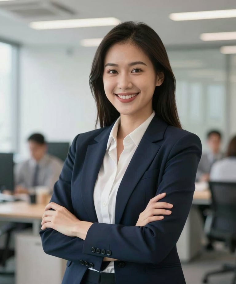 Portrait of a young Southeast Asian professional woman in business casual attire, smiling confidently in a bright, modern office space.