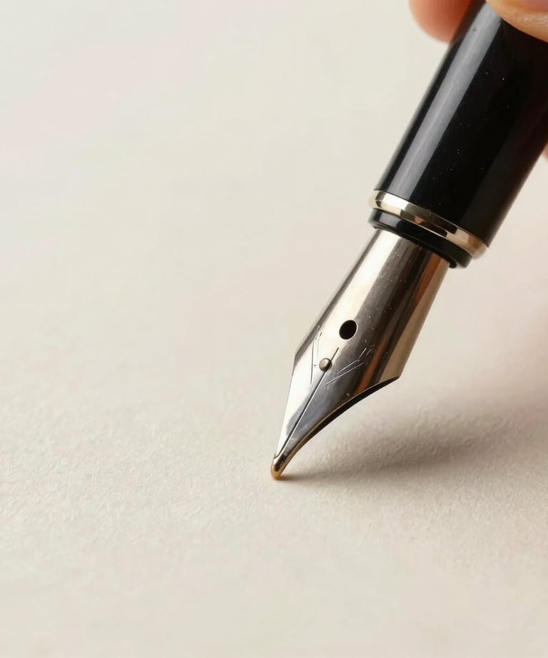 Close-up of a high-quality pen nib touching cream-colored paper, starting to write. The image emphasizes precision and the act of creation.
