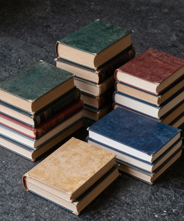 A curated collection of vintage books and modern journals stacked on a dark stone surface. The composition is artistic and clean, evoking a sense of literary history and modern storytelling expertise.