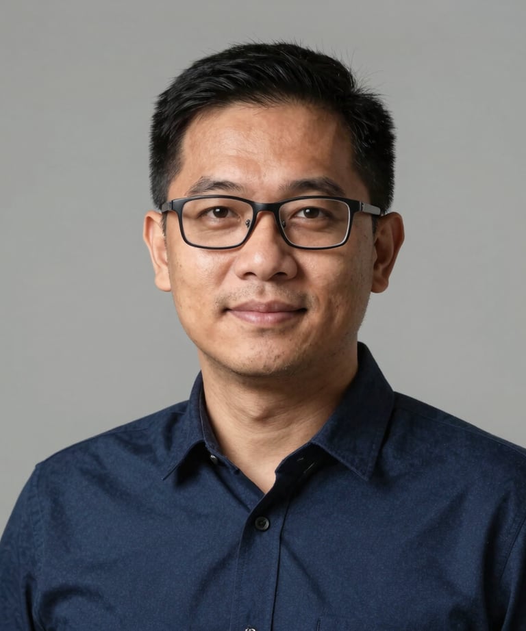 Portrait of a Southeast Asian man with glasses, looking professional and friendly, dressed in a simple navy blue shirt against a neutral background.
