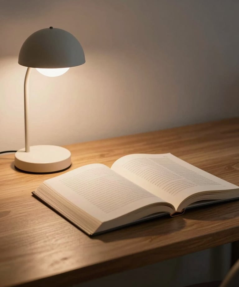 A minimalist desk with a single open book and a small reading lamp. The lighting is warm and invites focus and deep work.