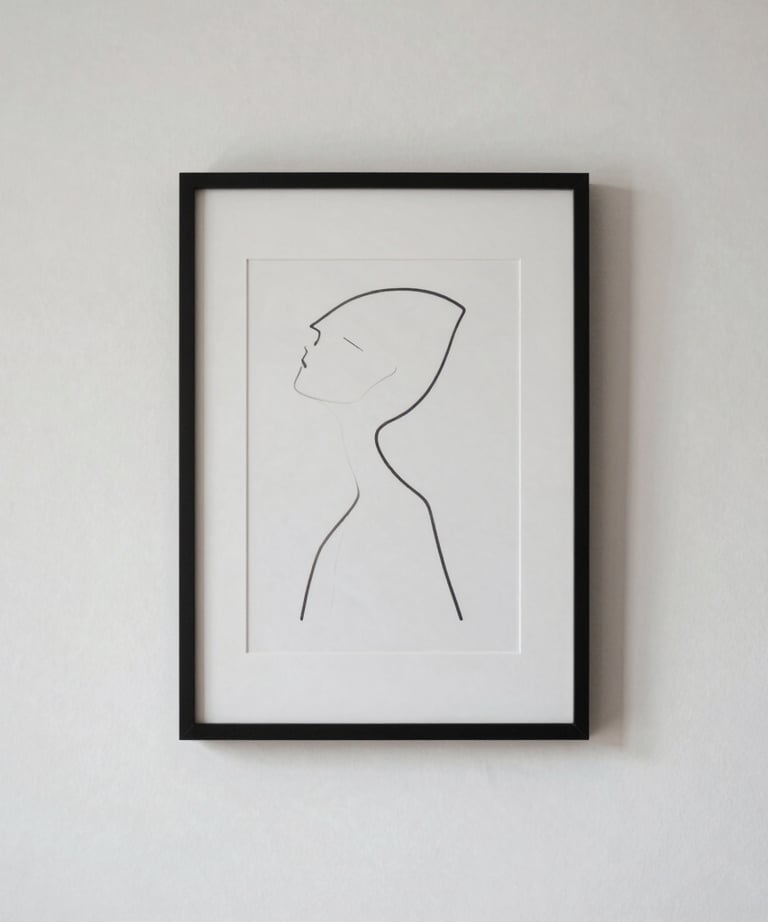 A minimalist wall with a single framed minimalist artwork of a line drawing. Reflects the aesthetic of simplicity and focus.