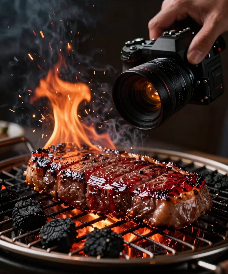 A moody, elegant shot of a professional camera filming a steak on a grill. Fire light, sparks, Charcoal Black and Deep Crimson Red aesthetic.