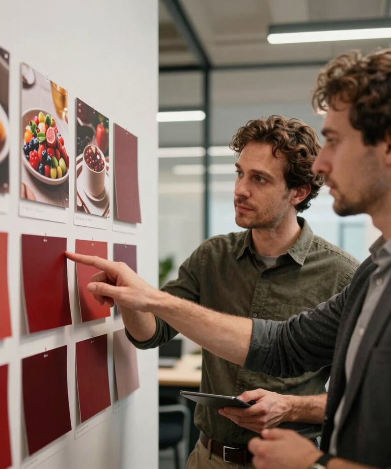 Portrait of a creative strategist in a modern European office. They are pointing at a moodboard with food photography and Deep Crimson Red branding samples. Warm, approachable lighting.