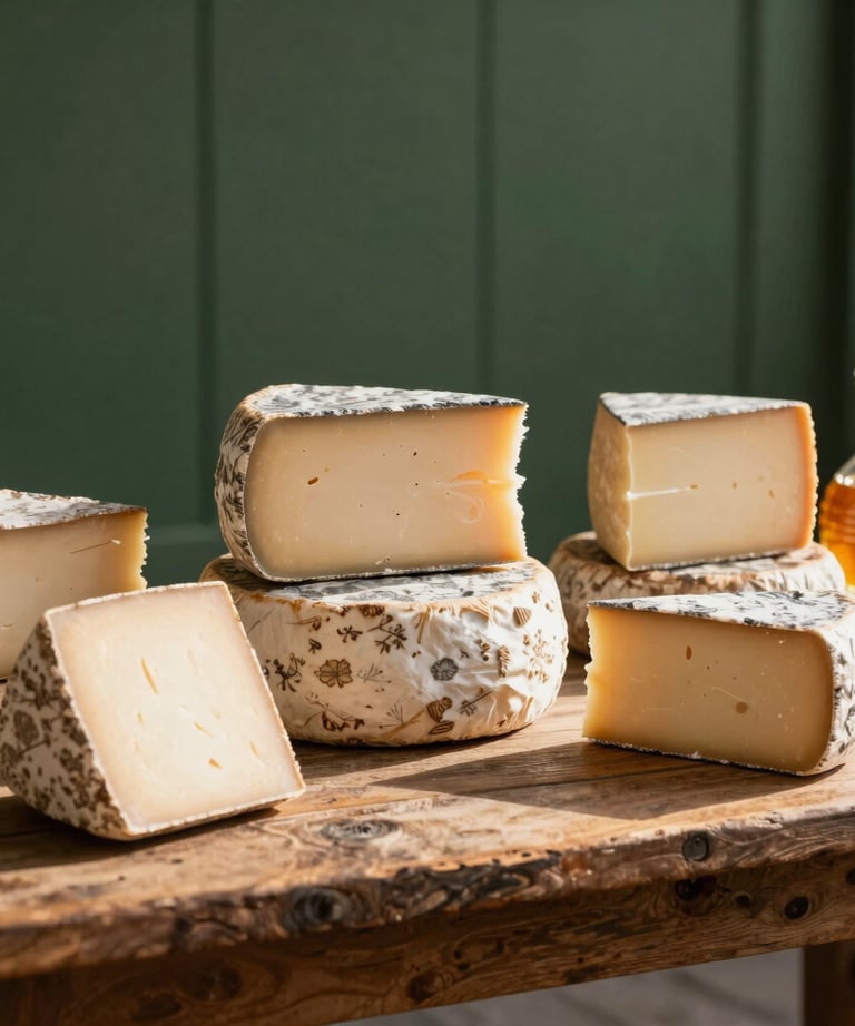 A close up of a rustic table in a local market featuring artisanal cheeses and honey. Warm morning sun, elegant lifestyle photography, Matte Forest Green background.