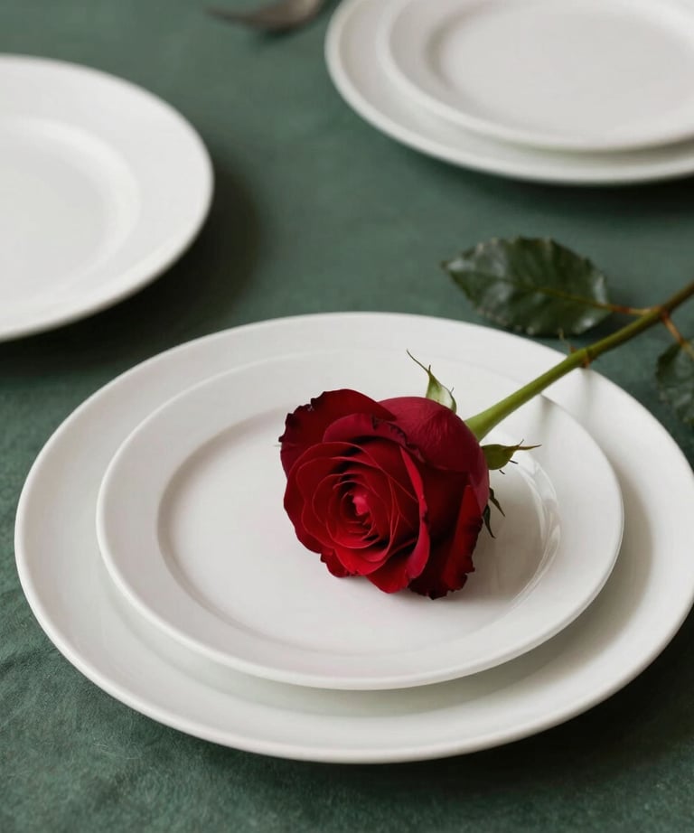 Elegant table setting with a Matte Forest Green tablecloth, Bone White ceramic plates, and a single Deep Crimson Red rose. Scandinavian minimalism.