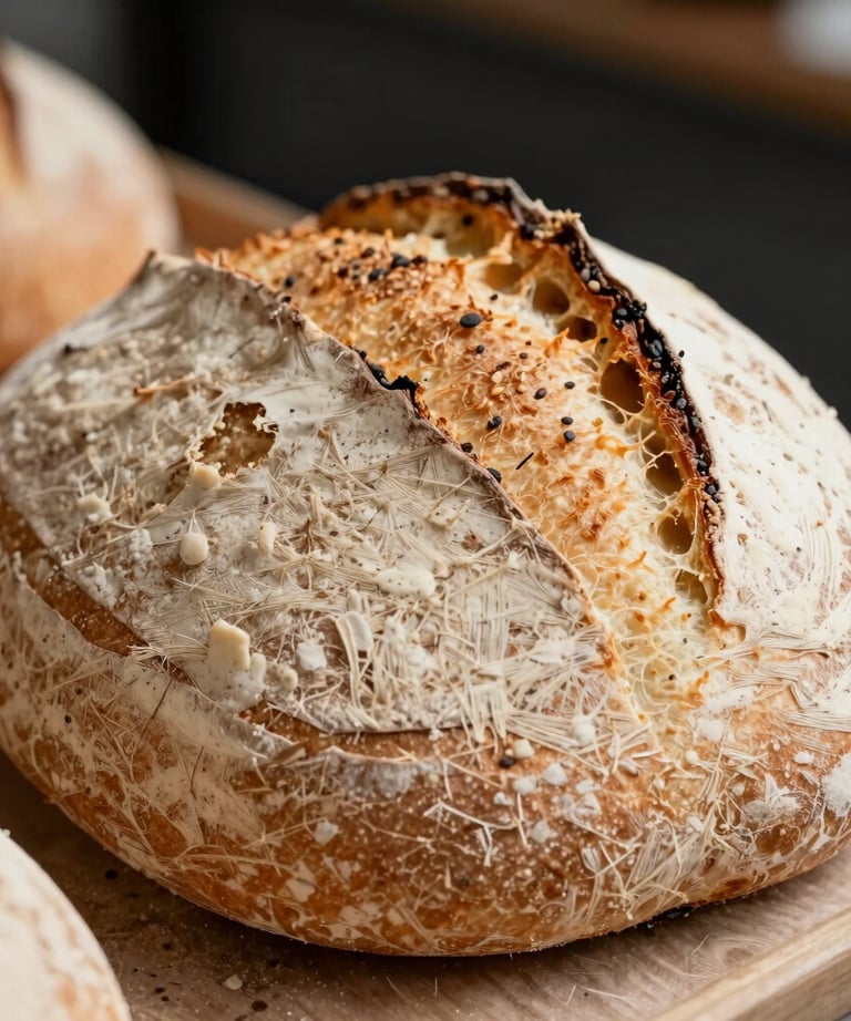 Close-up of a rustic artisanal sourdough bread in a European local market. Shallow depth of field, warm morning light, Pale Cream Beige and Charcoal Black background tones.