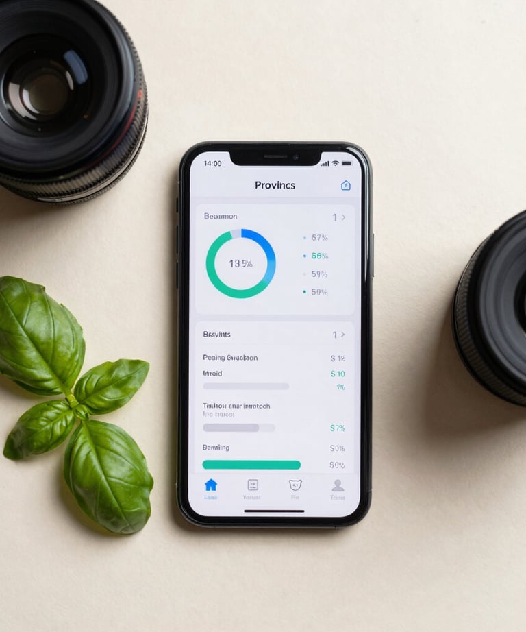 Top view of a professional flat lay: a smartphone showing analytics, a sprig of fresh basil, and a camera lens on a Pale Cream Beige surface.