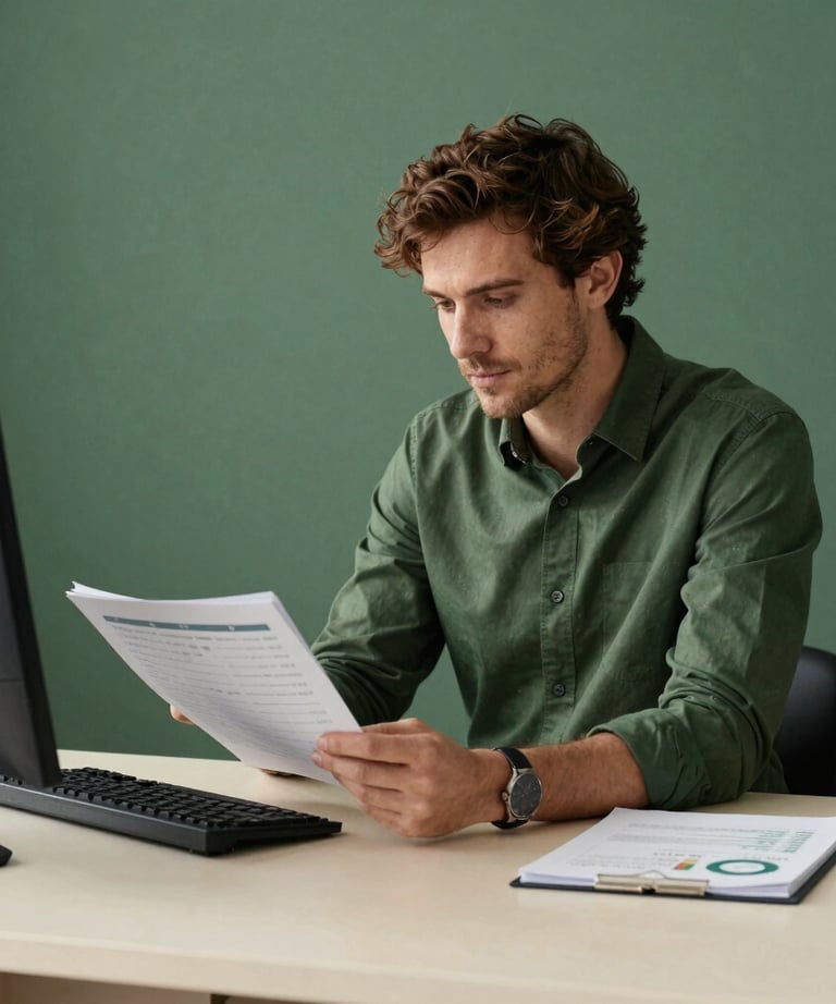Portrait of a content manager reviewing analytics in a minimalist office. Matte Forest Green decor and a Pale Cream Beige desk. European / Iberian professional look.