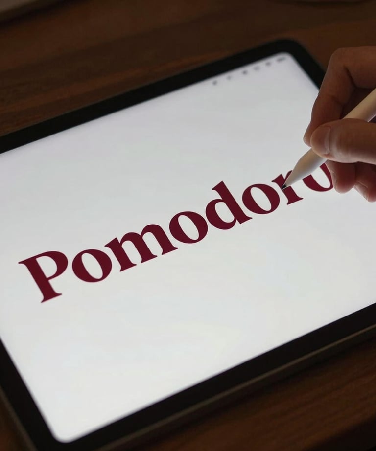 A close up of a digital designer's hand using a stylus on a tablet. The screen shows a modern logo design for a restaurant named 'Pomodoro' in Deep Crimson Red.