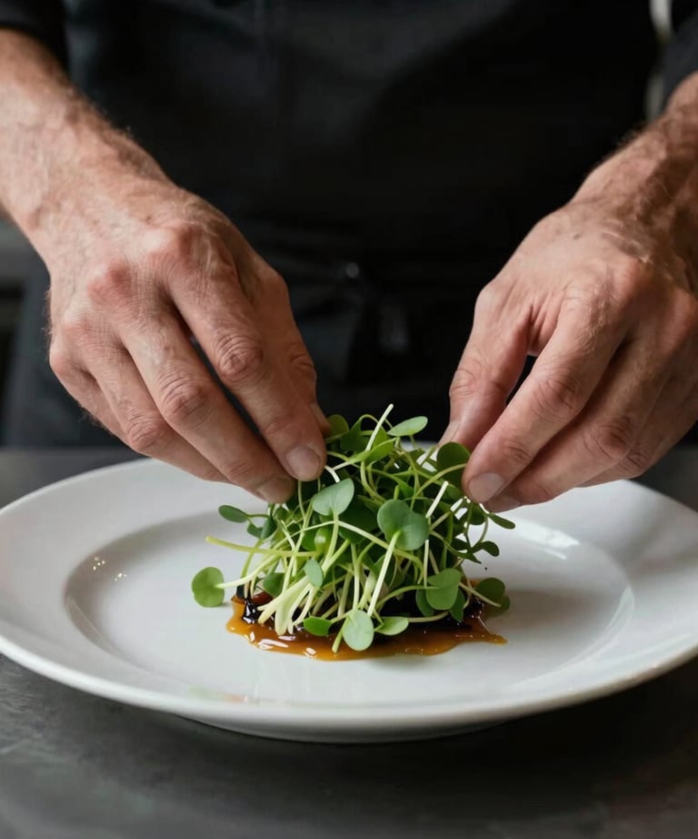 Cinematic shot of a chef finishing a plate with microgreens. High contrast, warm lighting, Matte Forest Green and Charcoal Black aesthetic.