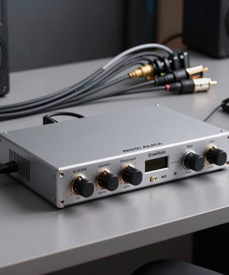 A high-end audio interface sitting on a grey desk, patch cables neatly organized in the background, North American studio setting, refined and modern.