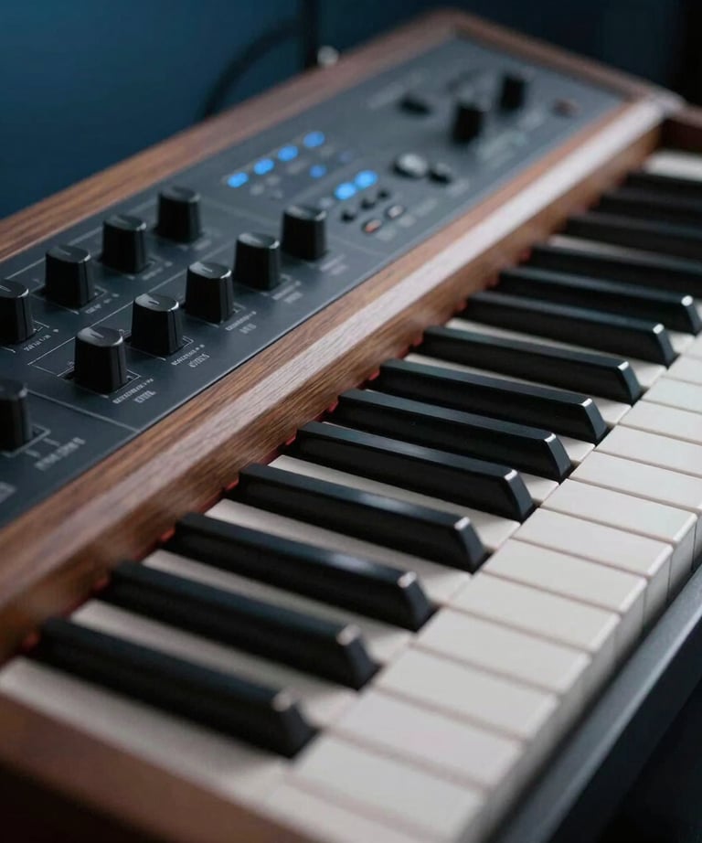A close-up of an analog synthesizer keyboard, hand-crafted wooden side panels, cinematic lighting in a North American studio, palette of stormy blue.