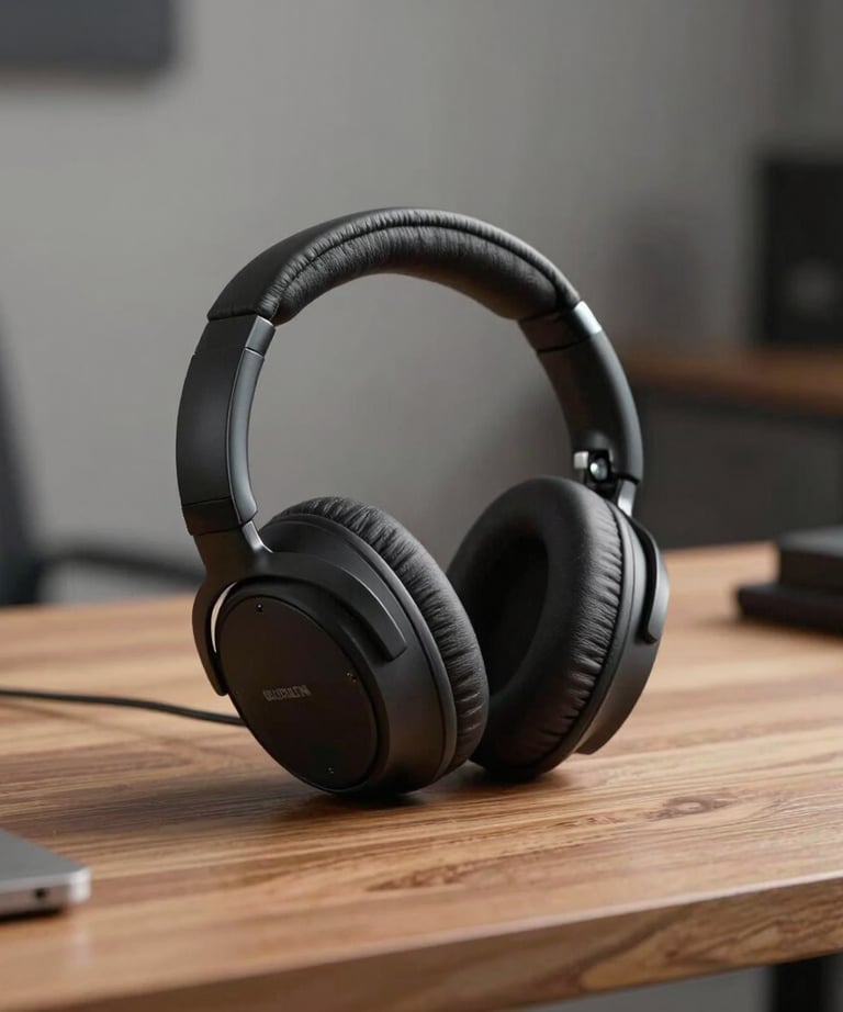 Clean photography of a premium pair of open-back headphones resting on a wooden desk, soft focused background of a North American studio room, muted grey tones.