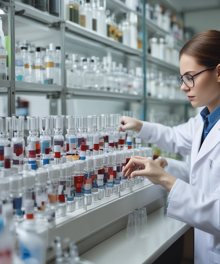 A scientist carefully handling a research peptide vial wearing blue gloves in a clean lab environment.