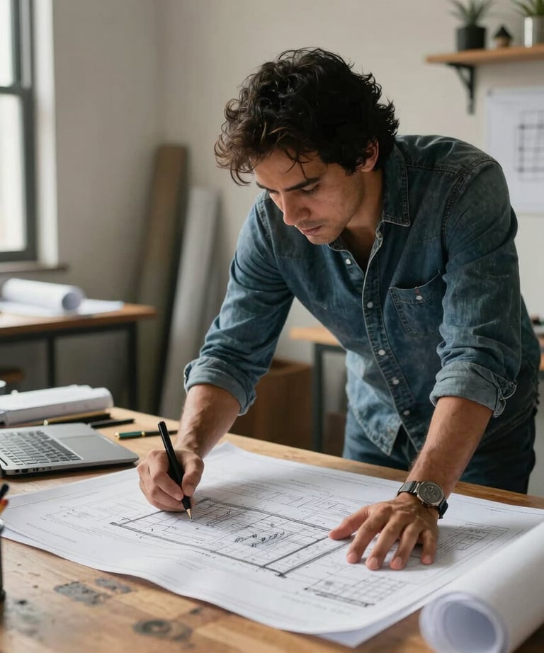 An architect reviewing blueprints in a sunny, airy studio. Authentic interaction with design tools. South American &amp;#x2F; Brazilian setting.