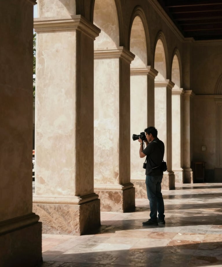 A photographer capturing an architectural detail in a sunlit space. South American &amp;#x2F; Brazilian setting, cinematic feel.