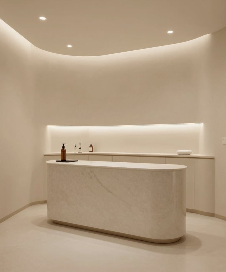 A minimalist commercial interior of an elegant clinic, featuring very light beige tones, soft indirect lighting, and a serene atmosphere. South American &amp;#x2F; Brazilian aesthetics.