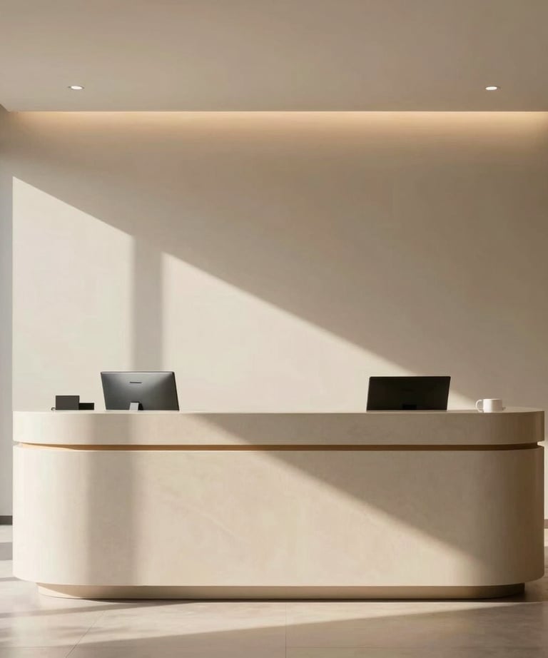 A sleek, minimalist reception area of a tech startup office. Medium beige tones, cozy atmosphere, sunny lighting. South American &amp;#x2F; Brazilian context.