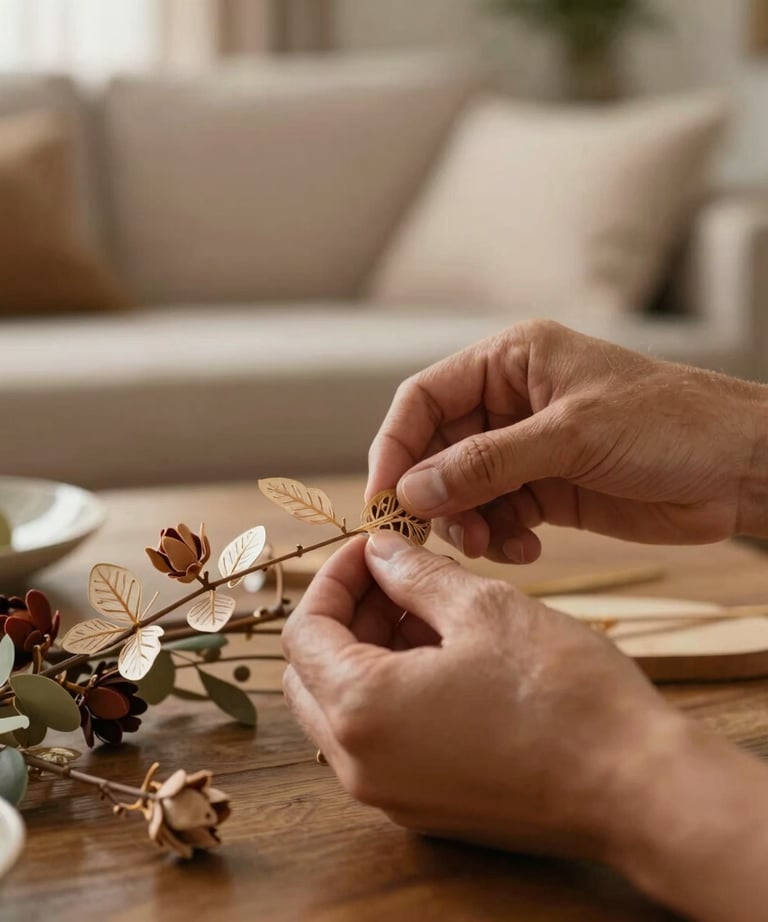 A close-up of hands arranging delicate decor elements in a serene living room. South American &amp;#x2F; Brazilian context, warm light.