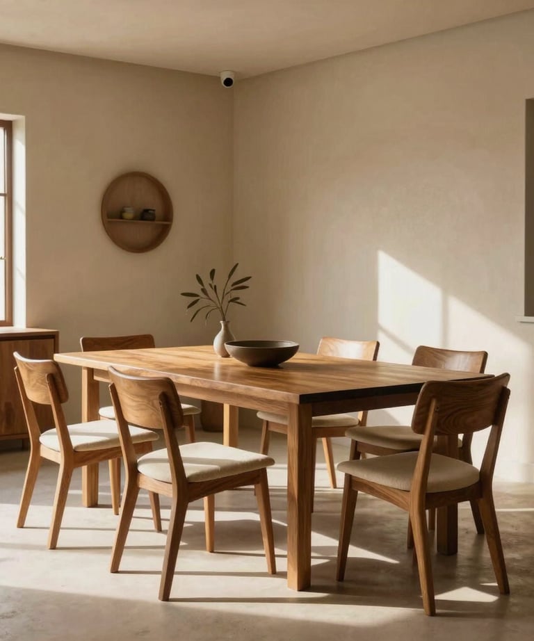 An elegant, sunlit dining area with wooden furniture and minimalist beige styling. South American &amp;#x2F; Brazilian setting, cinematic lighting.