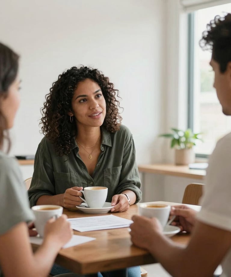 An interior designer discussing a project with a client over coffee in a bright, minimalist room. Authentic interaction. South American &amp;#x2F; Brazilian context.