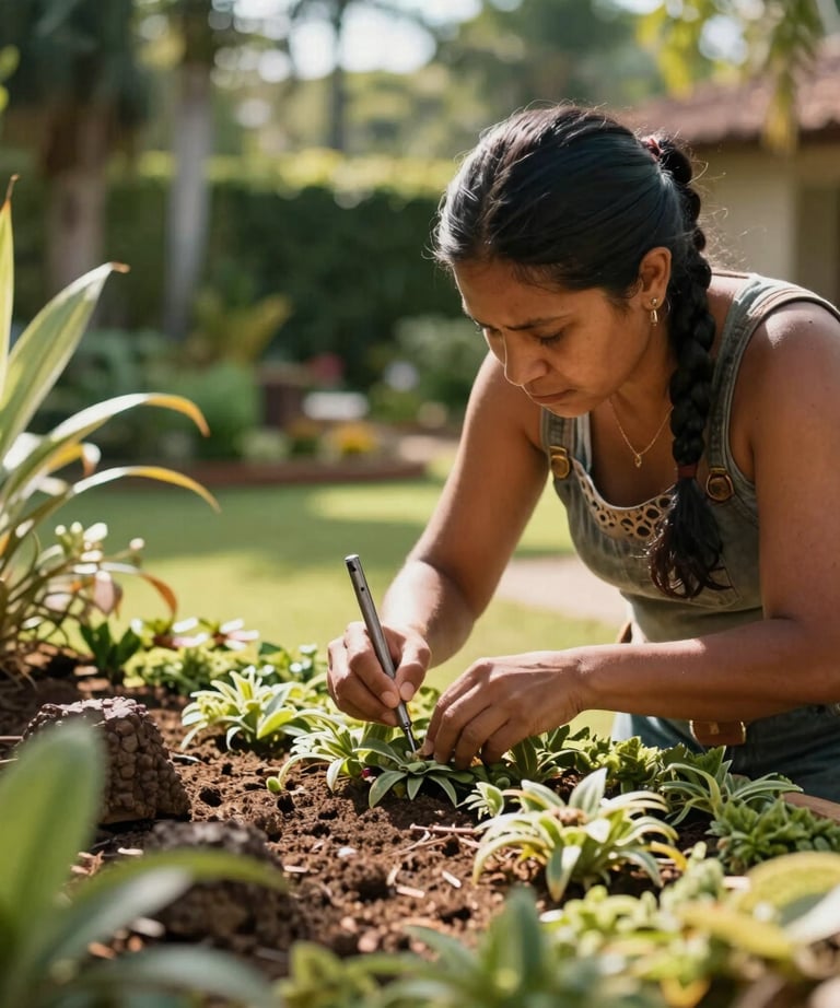 A skilled craftswoman working on intricate landscaping details in a sunny garden. South American &amp;#x2F; Brazilian environment.
