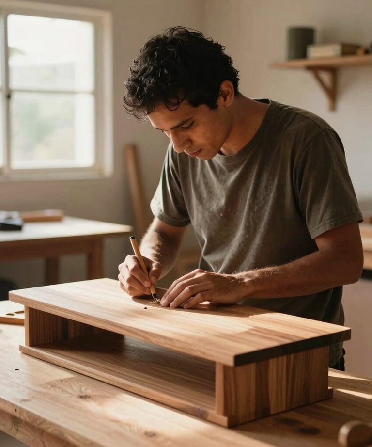 A portrait of a skilled craftsperson working on custom wooden furniture in a bright, sunny workshop. South American &amp;#x2F; Brazilian setting, warm lighting.