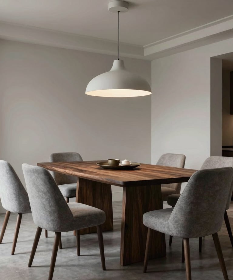 An elegant interior photography shot of a modern North American dining room with a large dark wood table, cloud grey chairs, and a designer pendant light, showcasing 3D photorealism.
