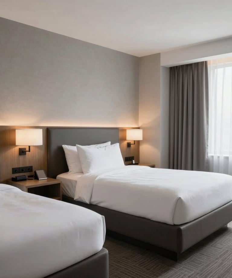 A bright and airy photograph of a contemporary hotel suite, North American / US style, featuring neutral color palettes of cloud grey and dark charcoal, showcasing the accuracy of a finished 3D visualization.
