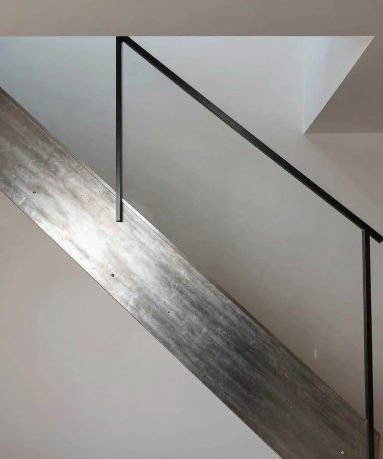 A technical rendering of a modern staircase in a residential home, focusing on the interplay of steel and light, highlighting the precision of architectural modeling.