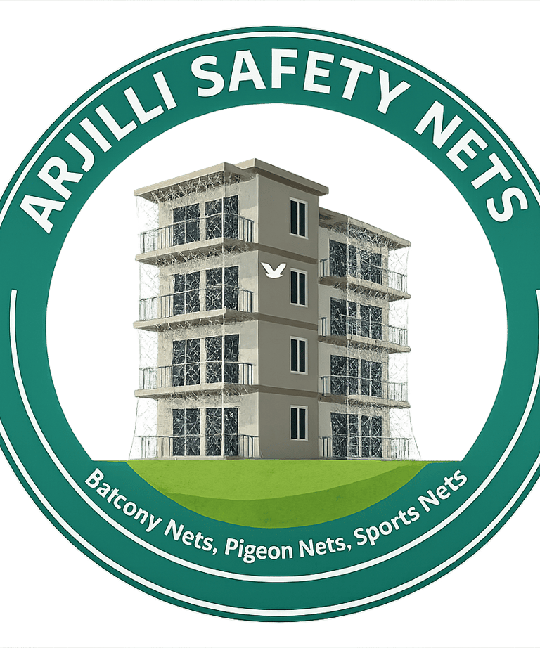 Wide shot of a high-rise balcony in Mumbai fitted with a protective pigeon net.