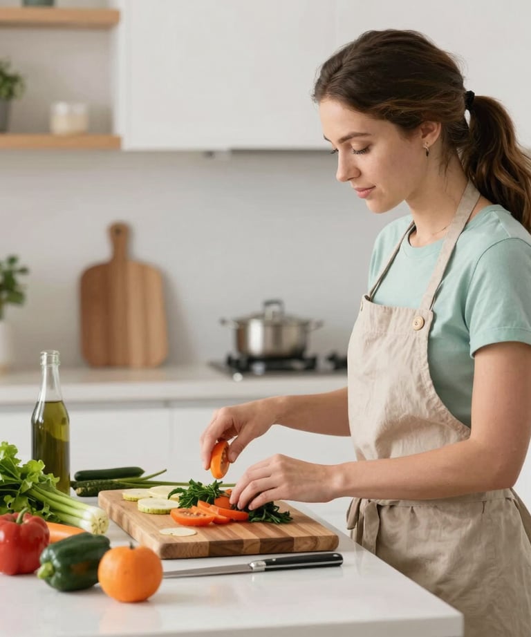 Woman happily preparing a colorful healthy salad in a bright kitchen.