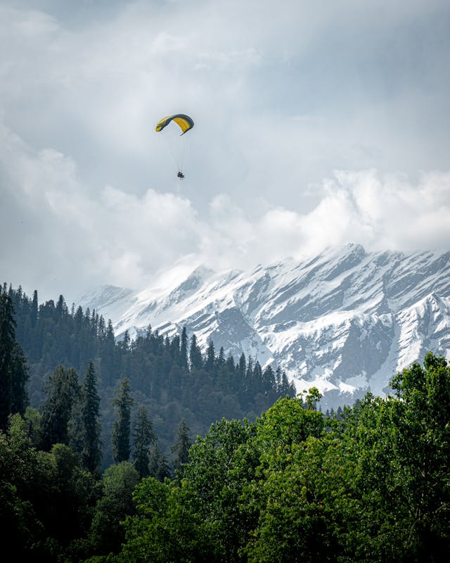 Tandem paragliding over a lush green forest with snow-capped mountain peaks and a cloudy sky.