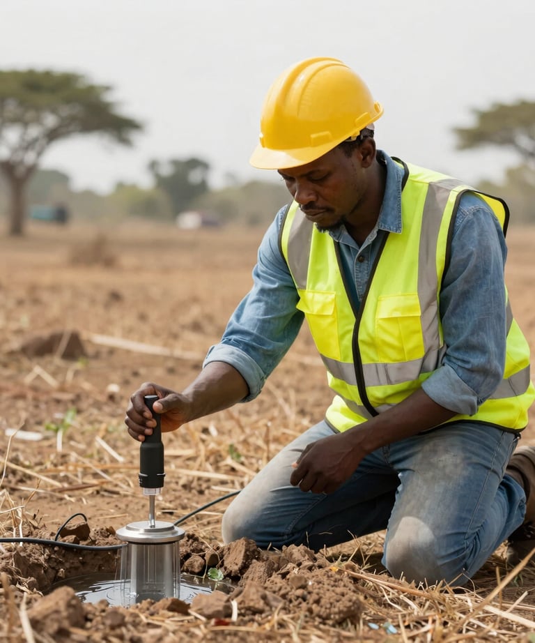 Technicians operating advanced 3D geophysical surveying equipment in a lush field.