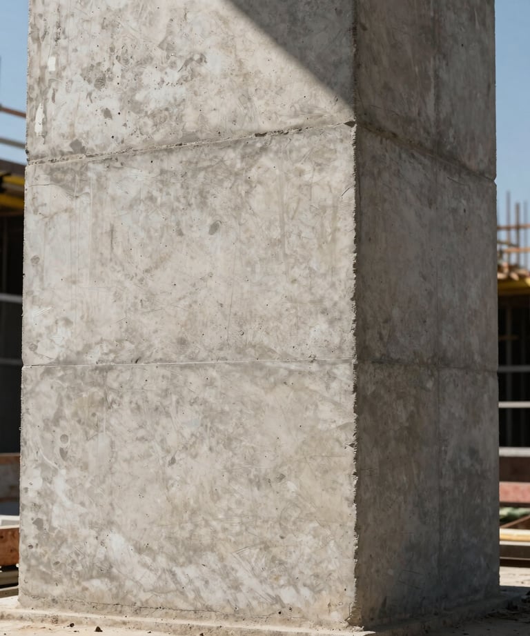 Action shot of a construction site in Chile, focused on a modern concrete pillar with sunlight hitting the texture, medium gray tones.
