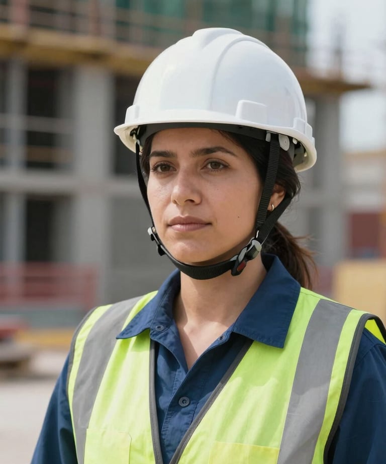 Portrait of a Chilean female engineer on a construction site wearing a white helmet, focused and professional, blurred structure in background.