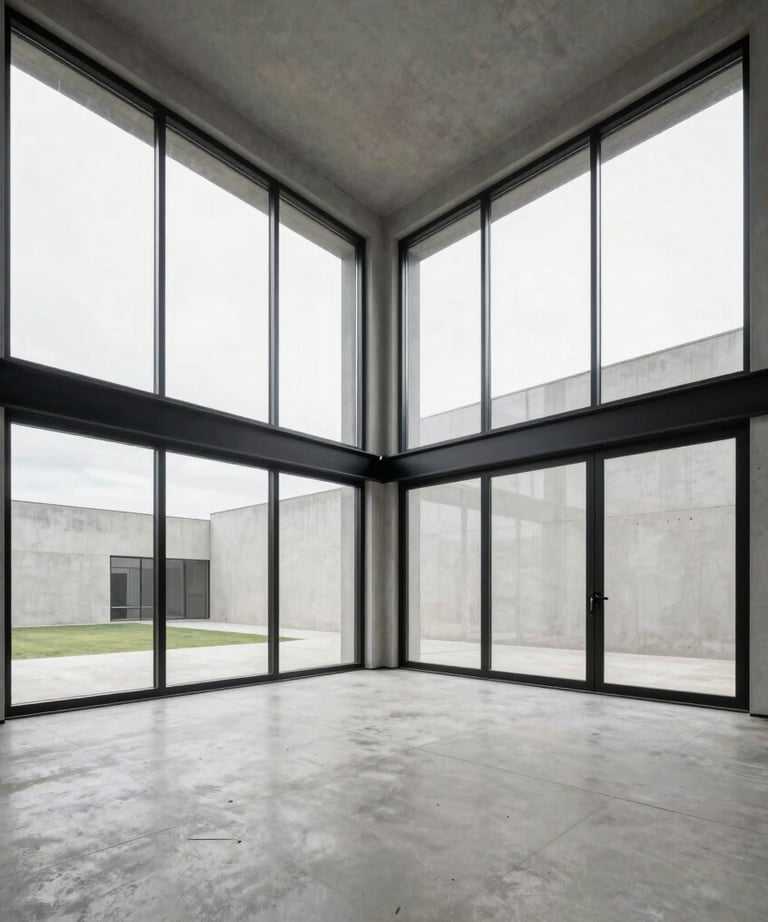 Architectural interior of a high-ceilinged room with light gray concrete floors and black window frames, minimalist Chilean design.
