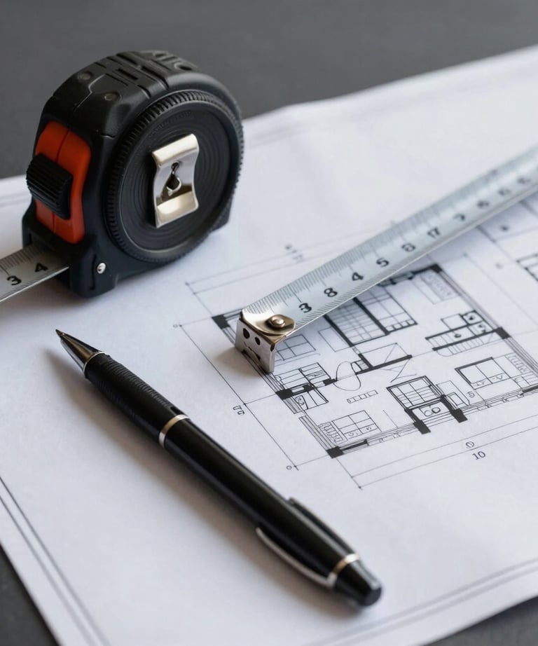 Detailed shot of architectural blueprints laid out next to a black pen and a silver measuring tape, dark gray background.