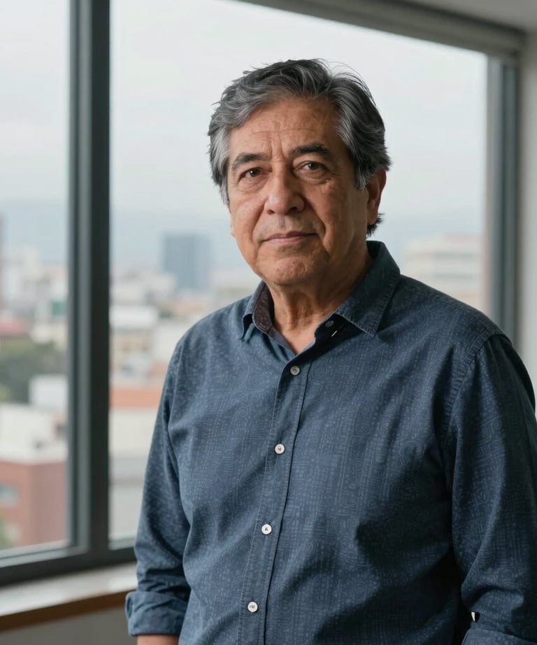 Portrait of a senior developer in a South American / Chilean context, standing before a window with a city view, professional lighting.
