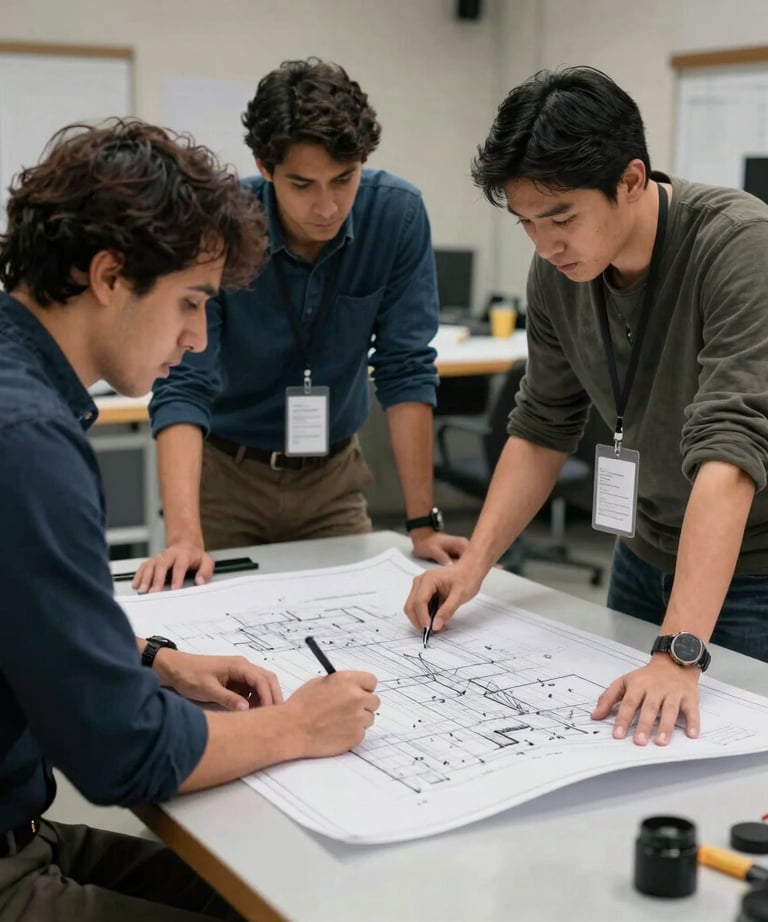 Architects in a South American / Chilean studio reviewing large blueprints on a light gray table, professional and focused atmosphere.