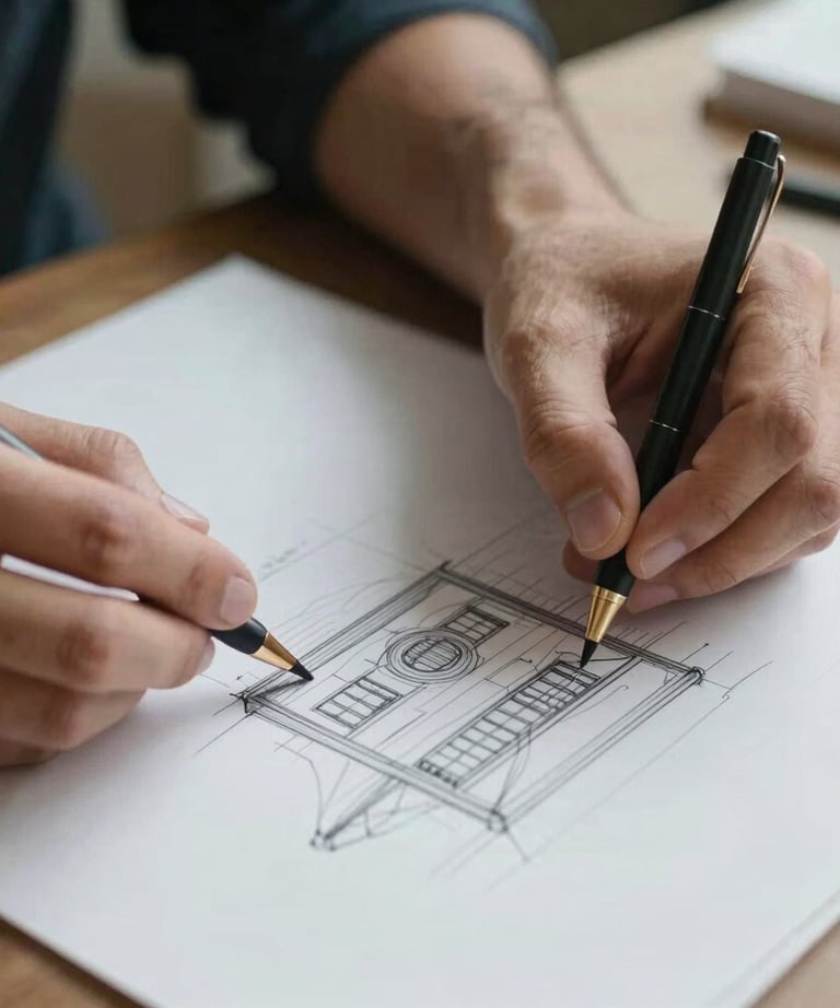 Close-up of hands drawing architectural sketches on professional paper, South American / Chilean architect's studio setting.