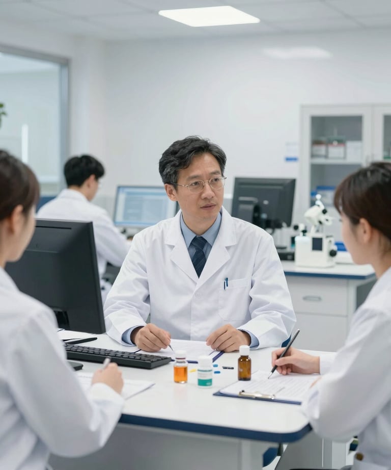 Close-up of a hand presenting a medicine bottle to a smiling doctor.