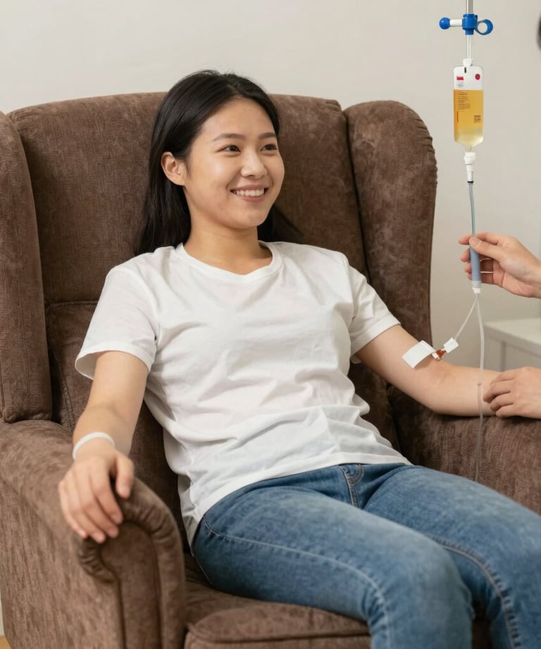 tratamentos injetaveis com vitaminas e minerais em paciente feliz sentada em poltrona confortavel