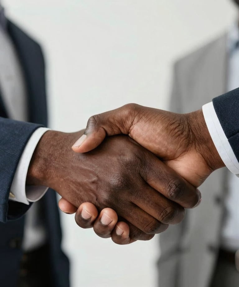 African Close-up of hands shaking over a business contract symbolizing partnership and growth.