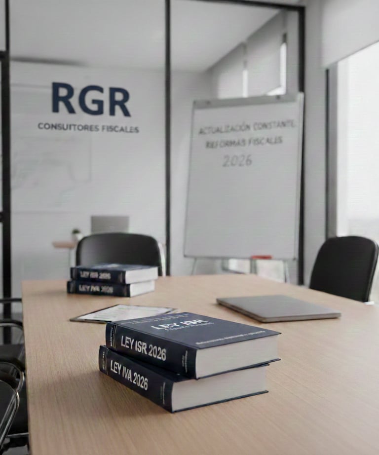 Mesa de reunión viendo Ley del ISR y Ley del IVA en oficina de RGR Consultores Fisca