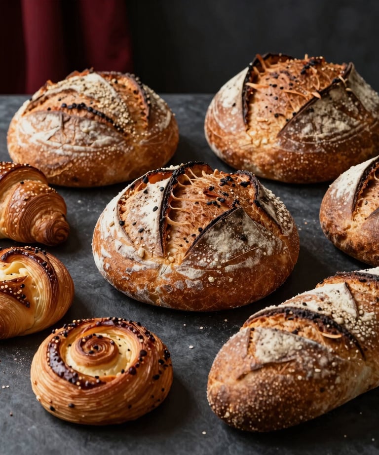 A beautifully styled shot of artisanal breads and pastries on a dark moody table, deep red accents, scandinavian vibe.